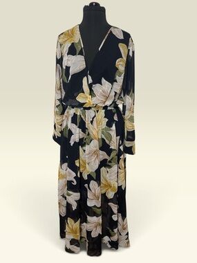 Black Floral Wrap Maxi Dress with Yellow Accents